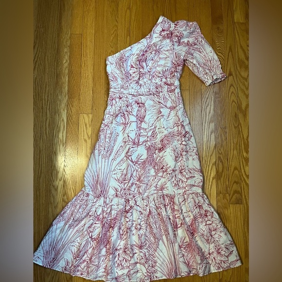 Express Pink Rayon Floral Dress Puff Sleeve Asymmetric One Shoulder Dress XS - Picture 7 of 9